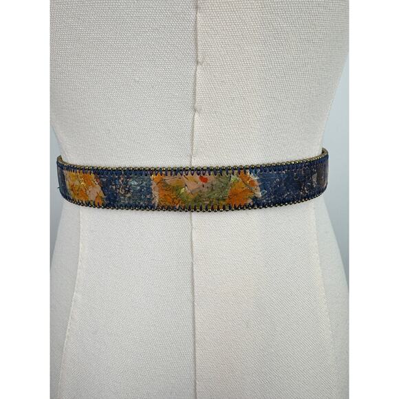 Vintage belt women\'s S/M watercolor abstract print beaded leather blue gold boho main image 7